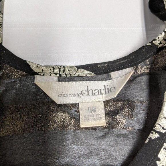 Charming Charlie Top Women Medium Striped Metallic Black Sleeveless Silver M - Picture 6 of 7